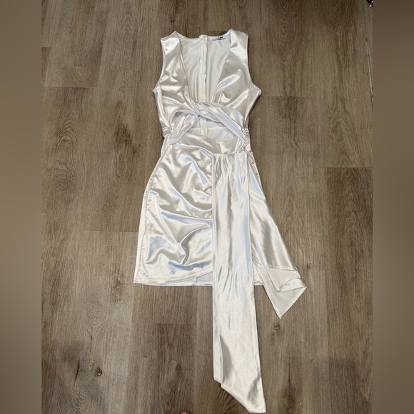 Fashion Nova White Thicker Satin Cut Out Mini Dress With Dramatic Waist Tie - Picture 3 of 5